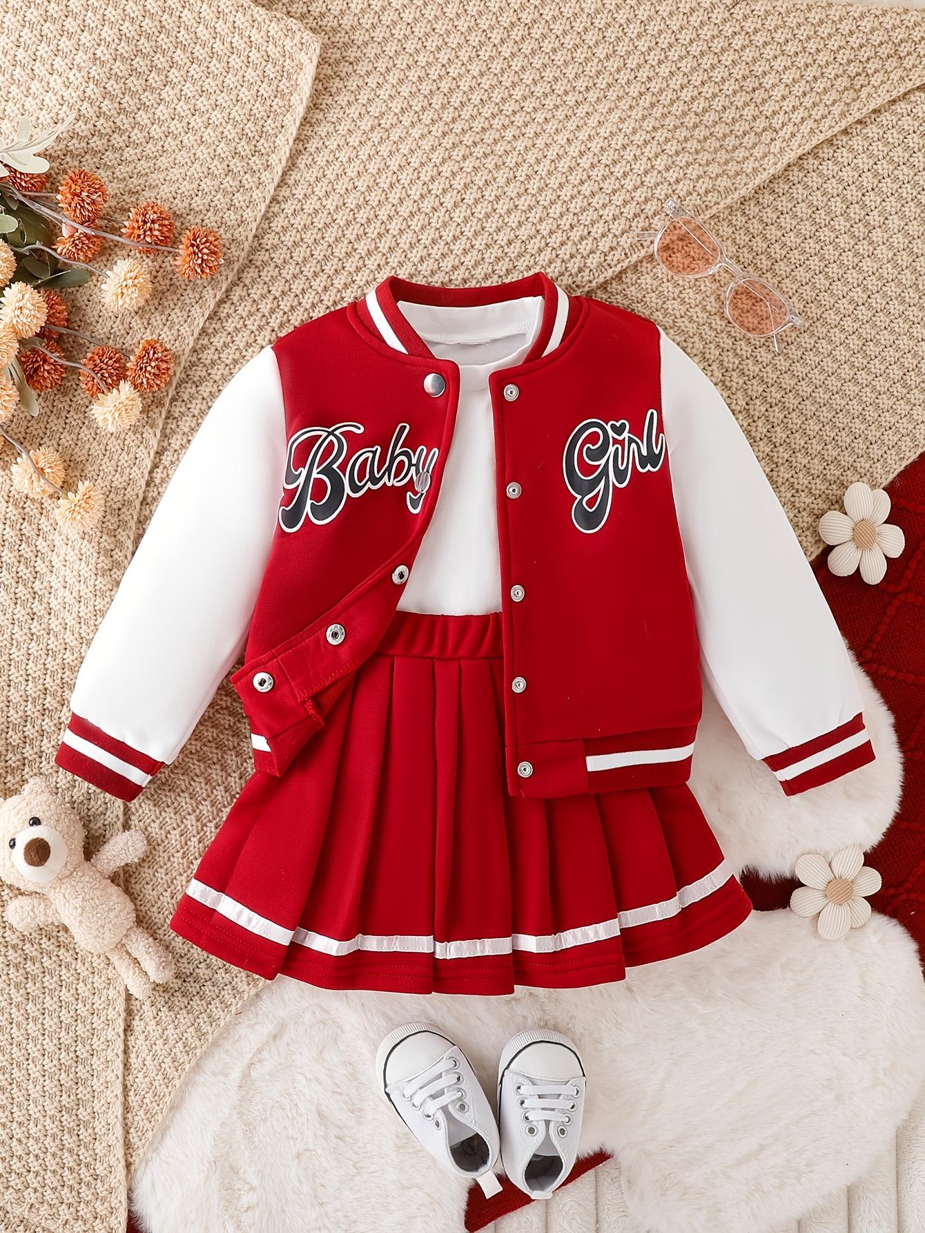 Kids Clothing Girls 2-Piece Preppy Look Set, Cotton Blend Baseball Jacket with Printed Letters + Pleated Skirt, Outdoor & Party Wear Gift