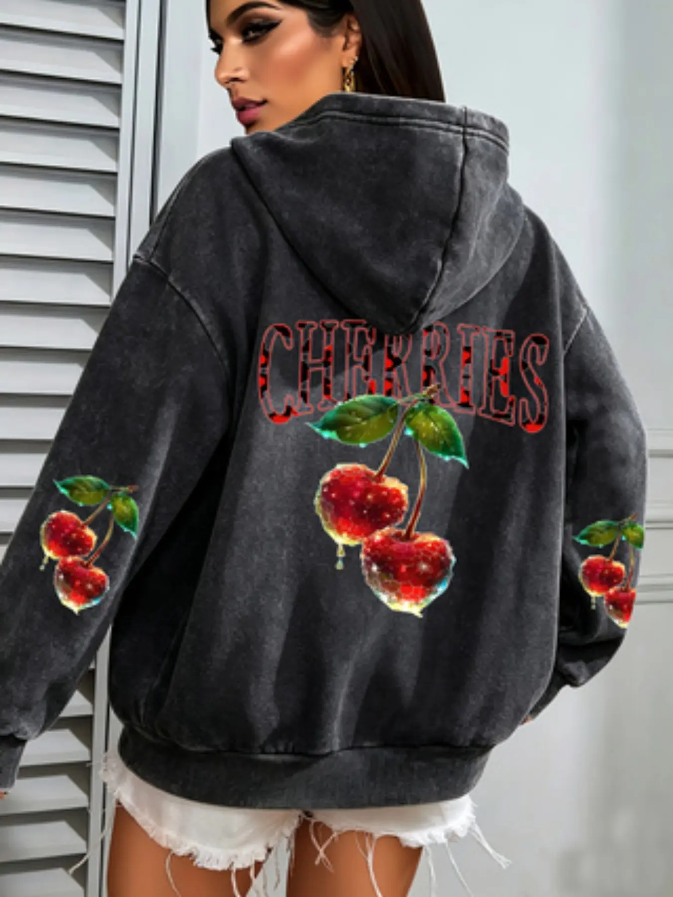 Women's American-style vintage-wash hooded sweatshirt featuring a loose, relaxed fit and a "CHERRIES" print on the back—perfect for autumn and winter.