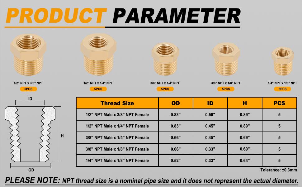 25 count Brass Hex Bushing Kit Brass Fittings Assortment 1/4" to 1/8", 3/8" to 1/8", 3/8" to 1/4", 1/2" to 1/4", 1/2" to 3/8" NPT Reducer Pipe Fittings Adapter Fitting