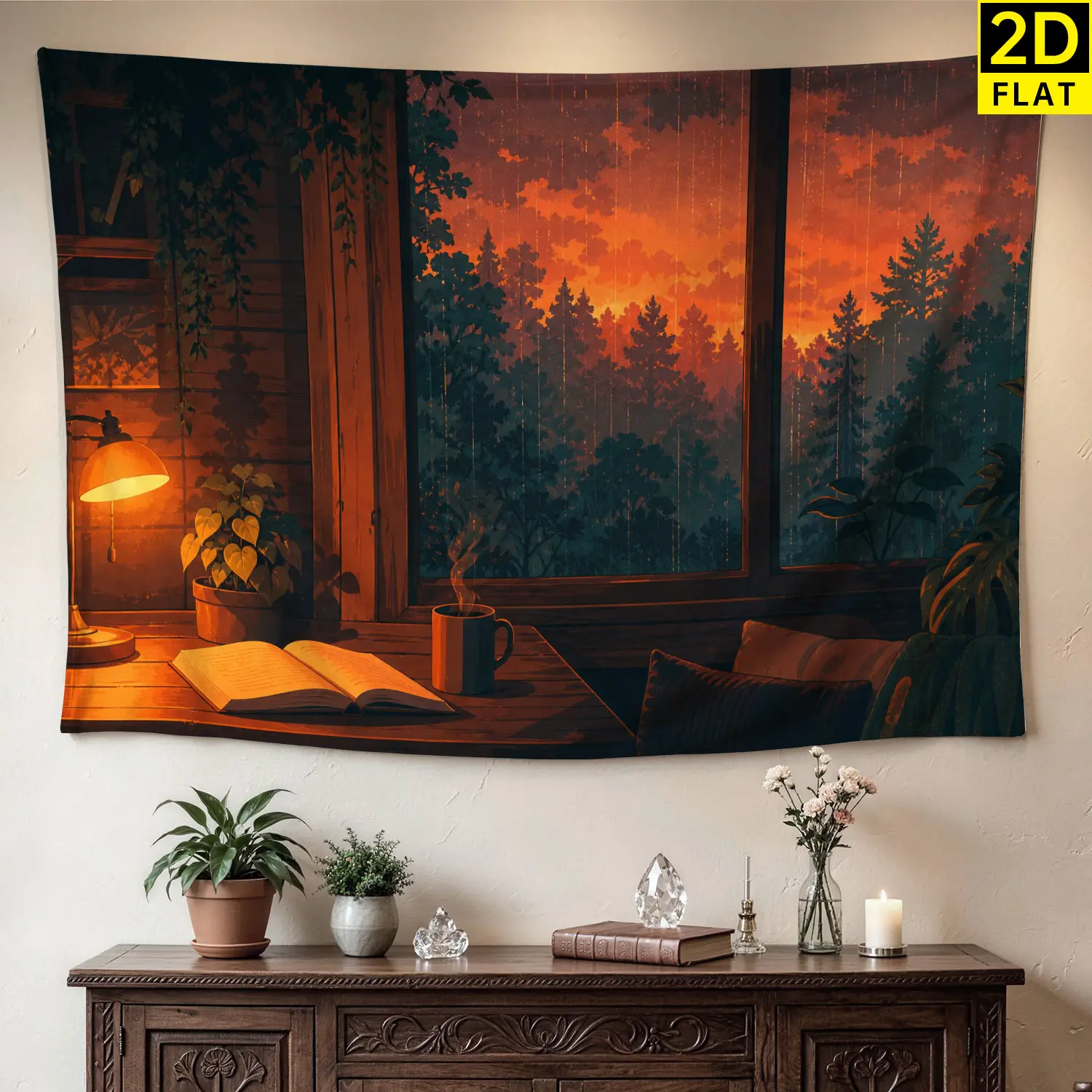 Cozy Sunset Rainy Forest Window Wall tapestry,Large size Printed Horizontal Tapestry blanket,Polyester Fabric Wall Hanging for bedroom,living room,No Installation Required,Indoor,Outdoor,Gift for Family and Friends