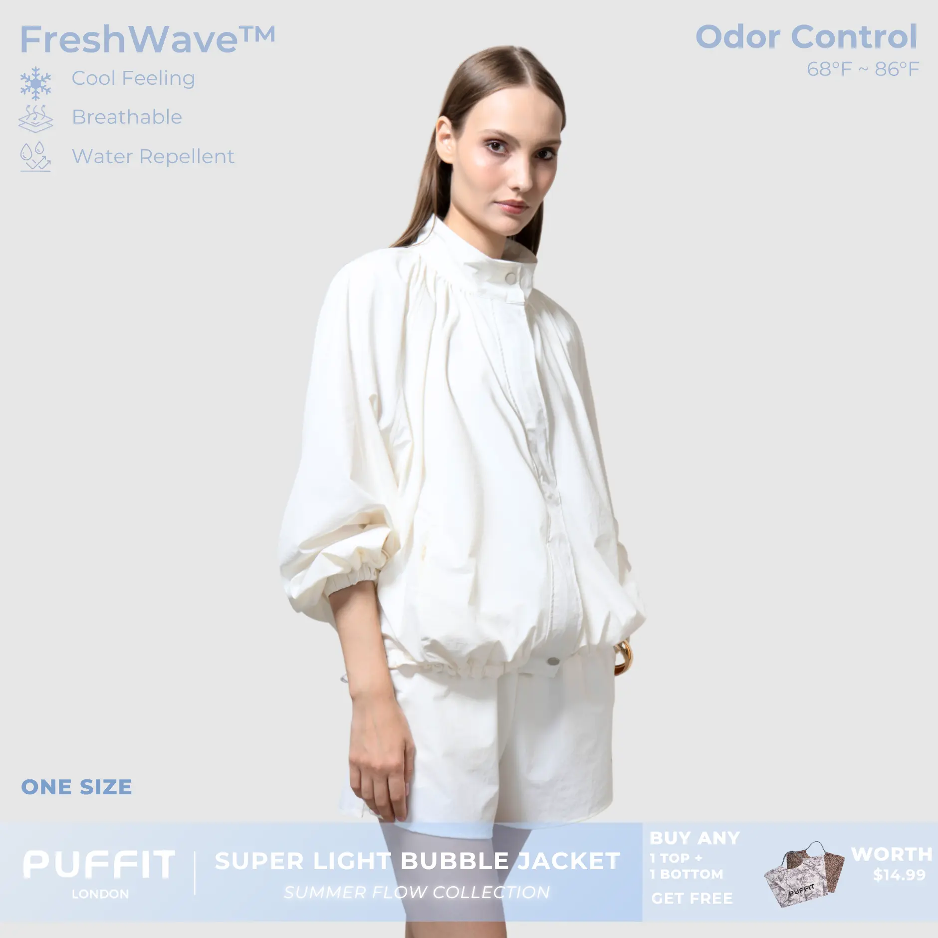 PUFFIT Summer Flow Bubble Summer Jacket,High Neck Windproof Outerwear, Oversized Balloon Sleeve,Stain Resistant,Water Repellent,Breathable,Outdoor,Casual,Out Wear,Dog Walking,Womenswear