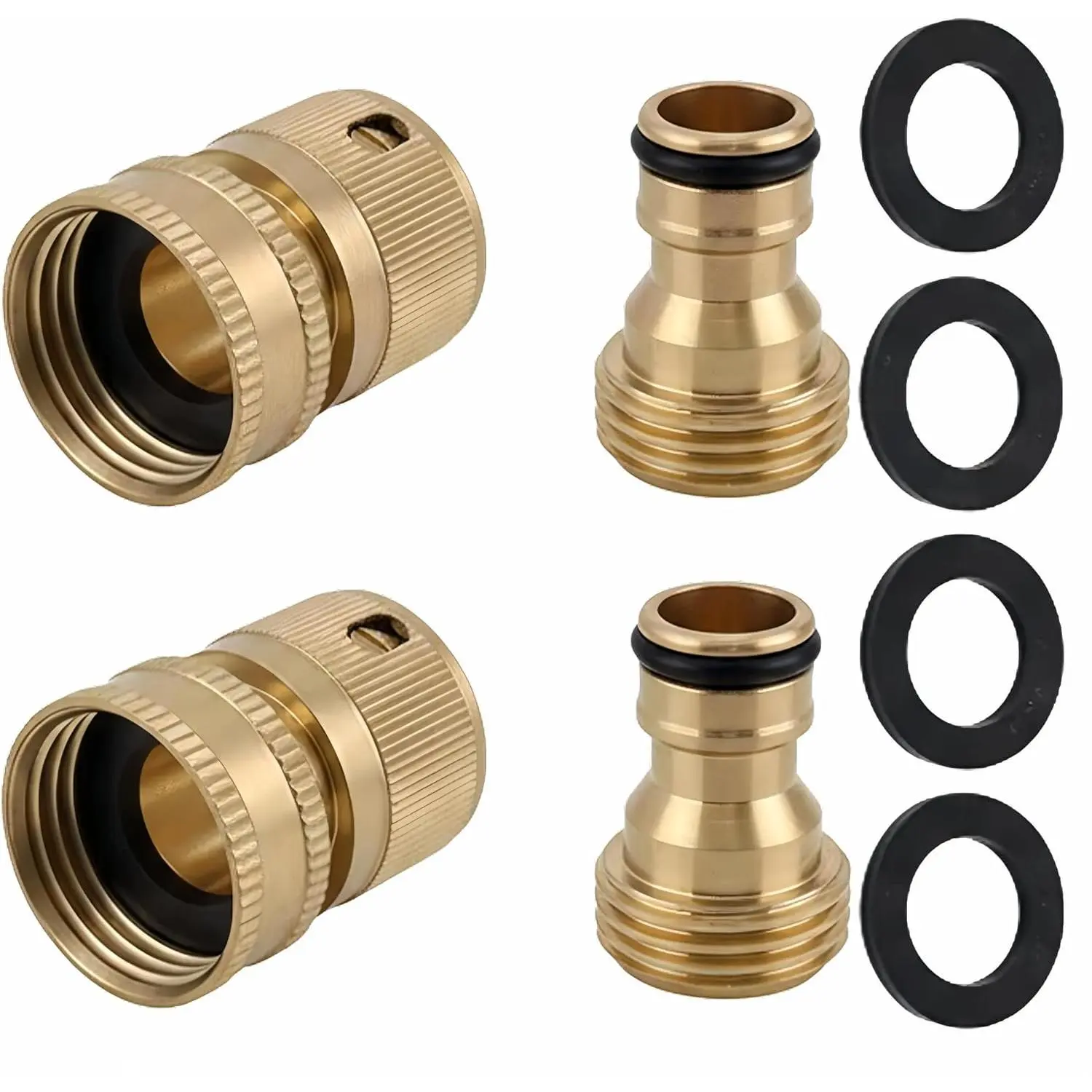 Solid Brass Water Hose Quick Connect Set - 3/4 in Male & Female Fittings for Hose Nozzle, Faucet (2 Sets)