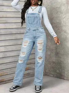 Light Blue Ripped Denim Jumpsuit, Adjustable Metal Buckle Straps, Loose-Fit Straight Leg, American Street Style, All Seasons Casual Wear