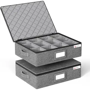 Cup and Mug Storage Box with Hard Shell and Dividers for Coffee Mugs,Tea Cups and Glasses,Stackable Storage Organizers with Lid,Handles,Zips and Lable for Moving,Holds 12,2 Pack, Grey