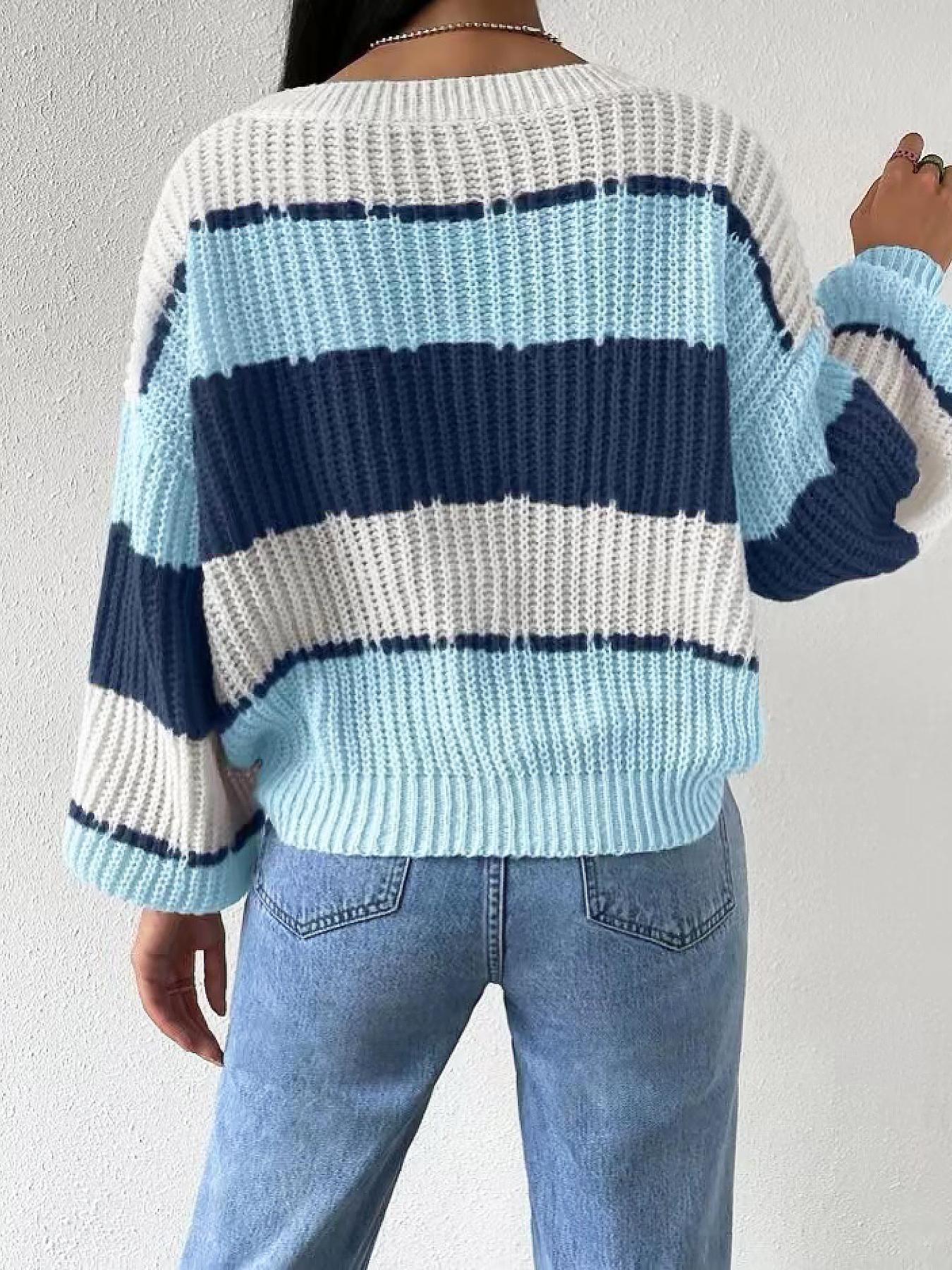 Women's Colorblock Bishop Sleeve Round Neck Sweater Without Necklace, Casual Long Sleeve Jumper for Fall & Winter, Tops, Women's Knitwear for Daily Wear