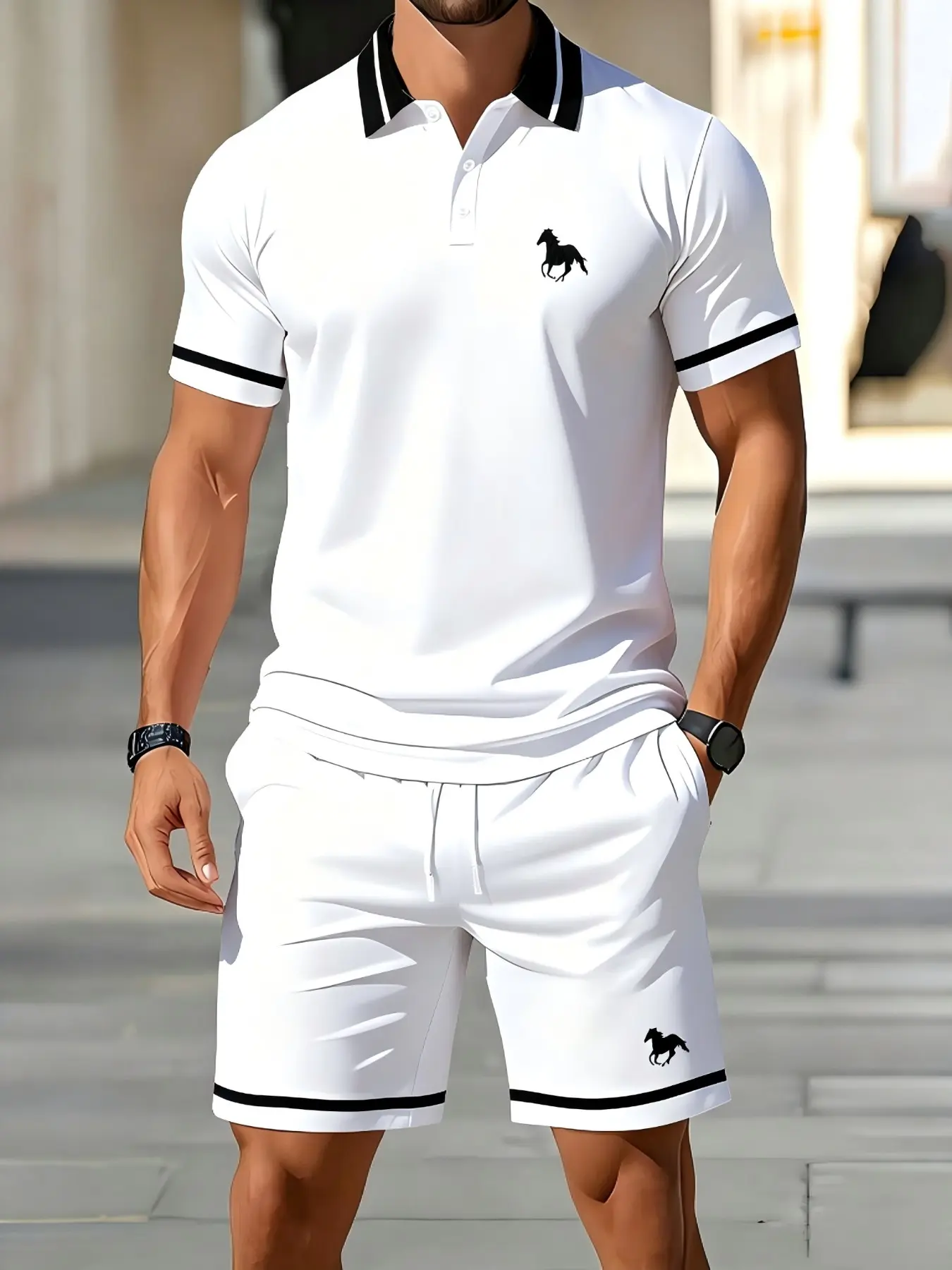Men's Graphic Polo Shirt and Shorts Set, Summer Casual Sport Two-Piece, Fashionable Simple Style, Comfortable and Stylish