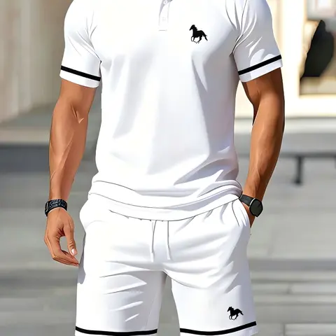 Men's Graphic Polo Shirt and Shorts Set, Beach Set Print, Summer Casual Sports Two-Piece Outfit for Daily Wear & Vacation, Comfortable and Stylish
