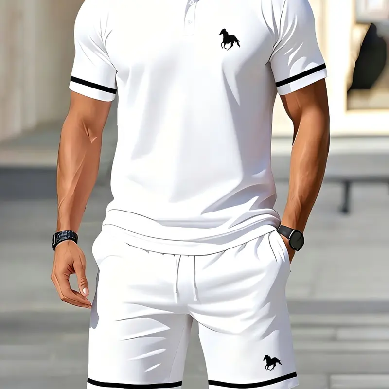 Men's Graphic Polo Shirt and Shorts Set, Beach Set Print, Summer Casual Sports Two-Piece Outfit for Daily Wear & Vacation, Comfortable and Stylish