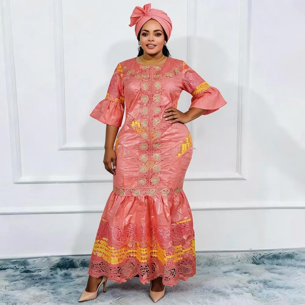 Plus Size African Party Long Dresses for Women 2026 New Luxury Bazin Embroidery Robe Elegant Outfits Muslim Wedding Evening Gown