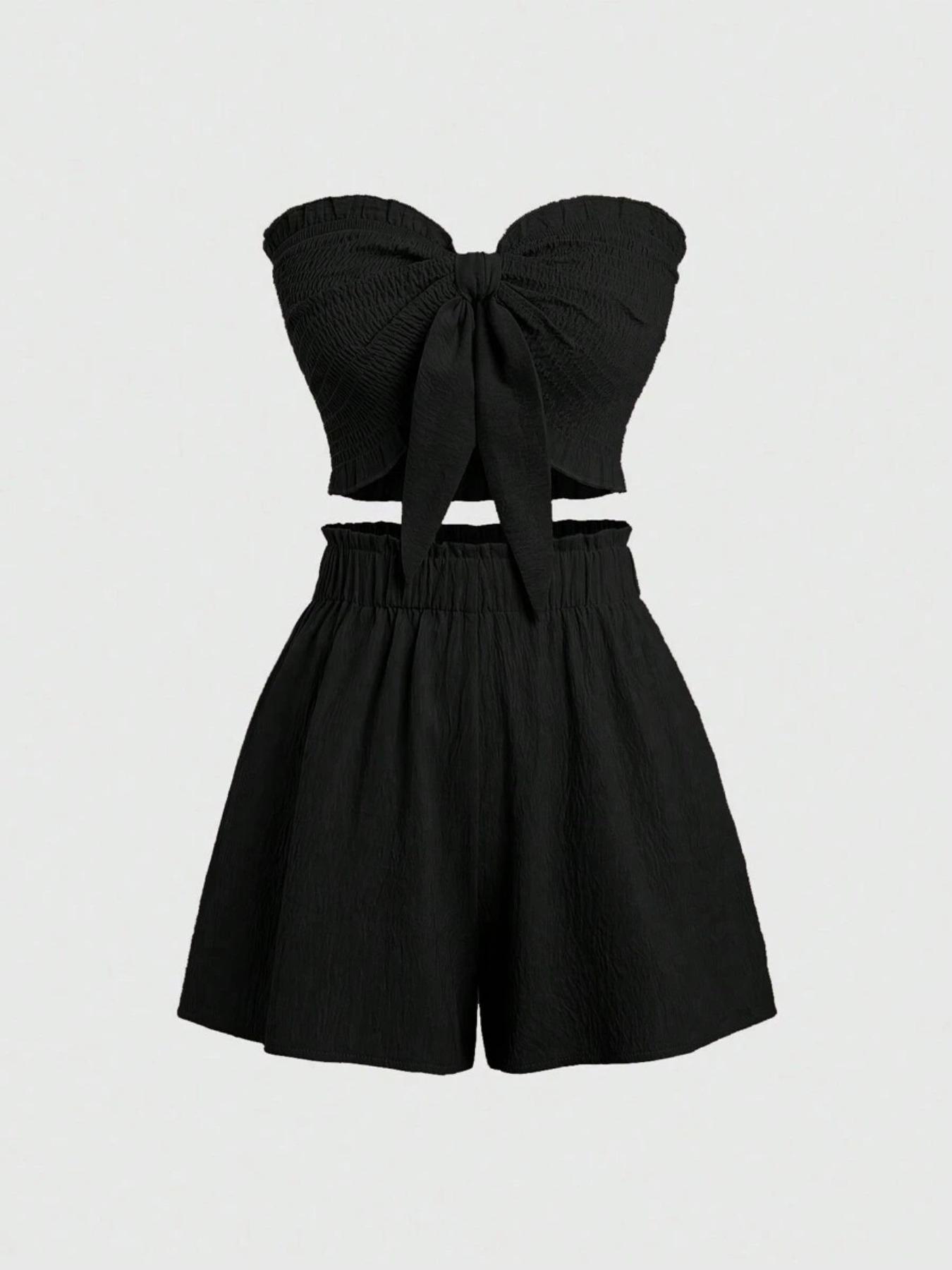 Two-Piece Set Women's Basic Solid Color Crop Tube Top & Elastic Waist Shorts Set, Casual Fashion Cozy Outfits for Daily Outdoor Wear, Ladies Clothes for Summer