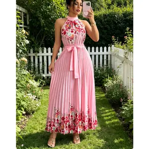Women's Stylish Halter Pleated Dress Fresh Floral Pattern New Season Design