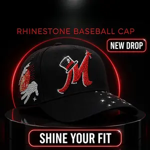 2026 Black Red Crystal Rhinestone Baseball Cap M Letter Magician Embroidery Magic Hand Side Star Accents Curved Brim Luxury Streetwear Hat Unisex
