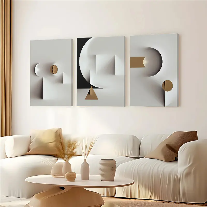 2D Flat Printing, Set of 3 Abstract Black & Brown Geometric Line Wrapped Canvas, exquisite wall art decorations suitable for living room and bedroom, fashionable artistic ornaments to enrich your home interior layout and create unique aesthetic space.
