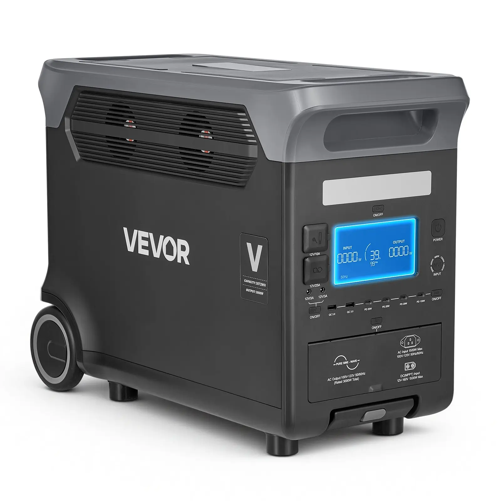 VEVOR Single Unit Solar Powered Portable Power Station - 3000W Generator, 3072Wh LiFePO4 Battery Backup with 15 Output Ports & Rolling Wheels for Home Emergency, Hiking (Solar Panel NOT Included, Yes for Indoor Furniture Beds Support), Rv