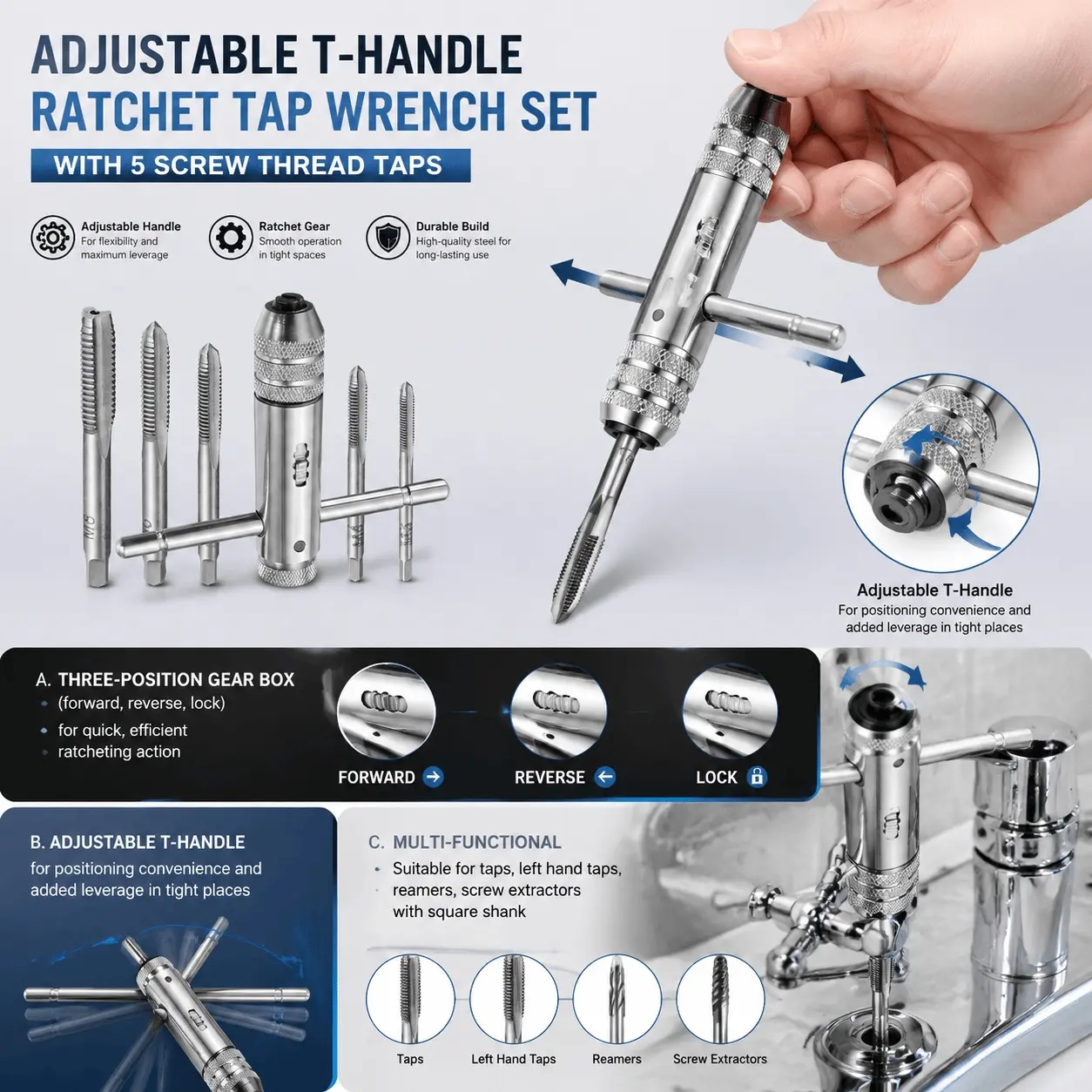Professional Adjustable T-Handle Ratchet Tap Wrench Set, 6-Piece M3-M8 Metric Tap & Die Tool Kit for Precision Threading, Heavy-Duty Metalworking, Automotive Repair, Industrial Manufacturing, DIY Machining and Assembly with Anti-Slip Handle.
