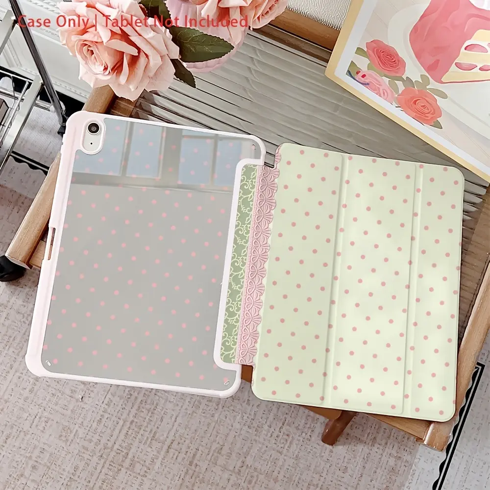 Green and pink lace and polka-dot patterned protective case featuring an adjustable stand and stylus holder; a foldable, non-slip TPU case compatible with Samsung, iPad mini, iPad Air, iPad Pro, and iPad (10th/11th Gen) series.