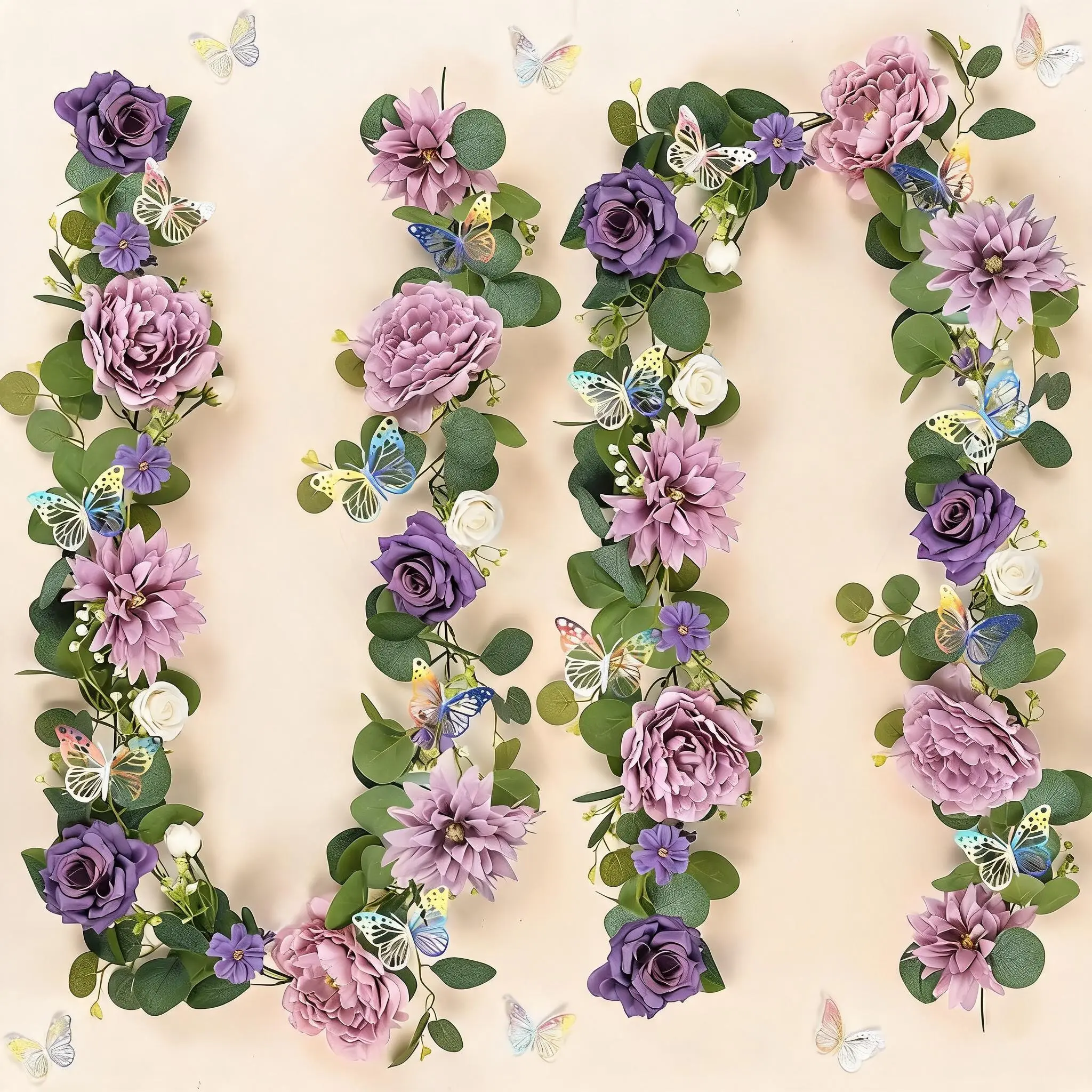 Realistic 2-Pack Artificial Eucalyptus & Navy Blue Rose Garland with Laser-Cut 3D Silver Butterflies – 180cm Silk & Plastic Floral Vine for Home, Wedding Arch, Rustic Party Table Décor