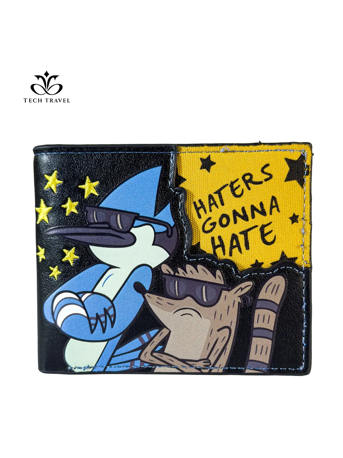 1 Pc Quirky Retro Cartoon Duo Bifold Wallet | Y2K Aesthetic & Pop Culture Streetwear | with "Haters Gonna Hate" Slogan, Sunglasses Details, 5 Card Slots, Cash Compartment & Irregular Cutout Design | for Unisex Daily Commute, Fandom Gift & Everyday Carry.