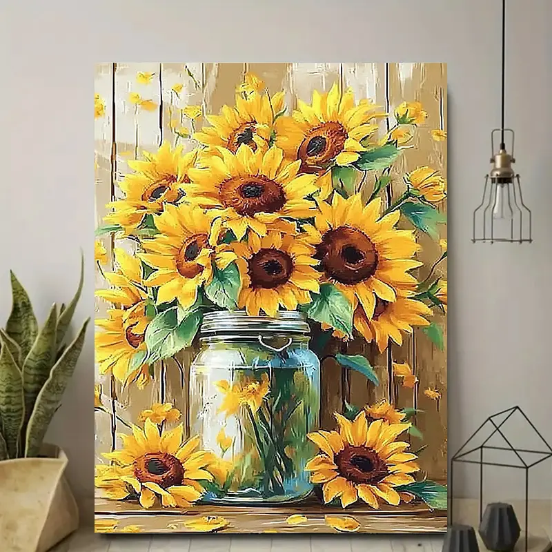 2D Flat 1pc Framed Canvas Wall Art, Farmhouse Floral Decor with Mason Jar Sunflowers in Yellow & Green, Rustic Wooden Frame - Ready-to-Hang Painting for Living Room, Bedroom, Kitchen - Housewarming, Birthday, Wedding Gift, House Decor, Bedroom