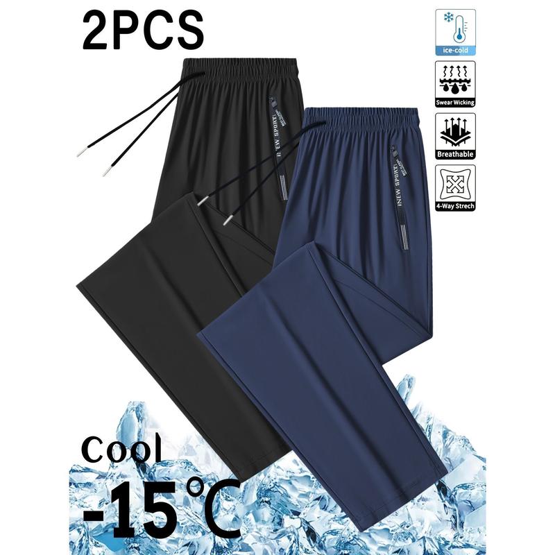 Men's 2-Pack Ice Silk Joggers - Plus Size Clothes, Breathable Dry Polyester Blend, Stretchy Waist, Quick-Drying Gym Fit Outdoor Sports Pants for Running, Fitness