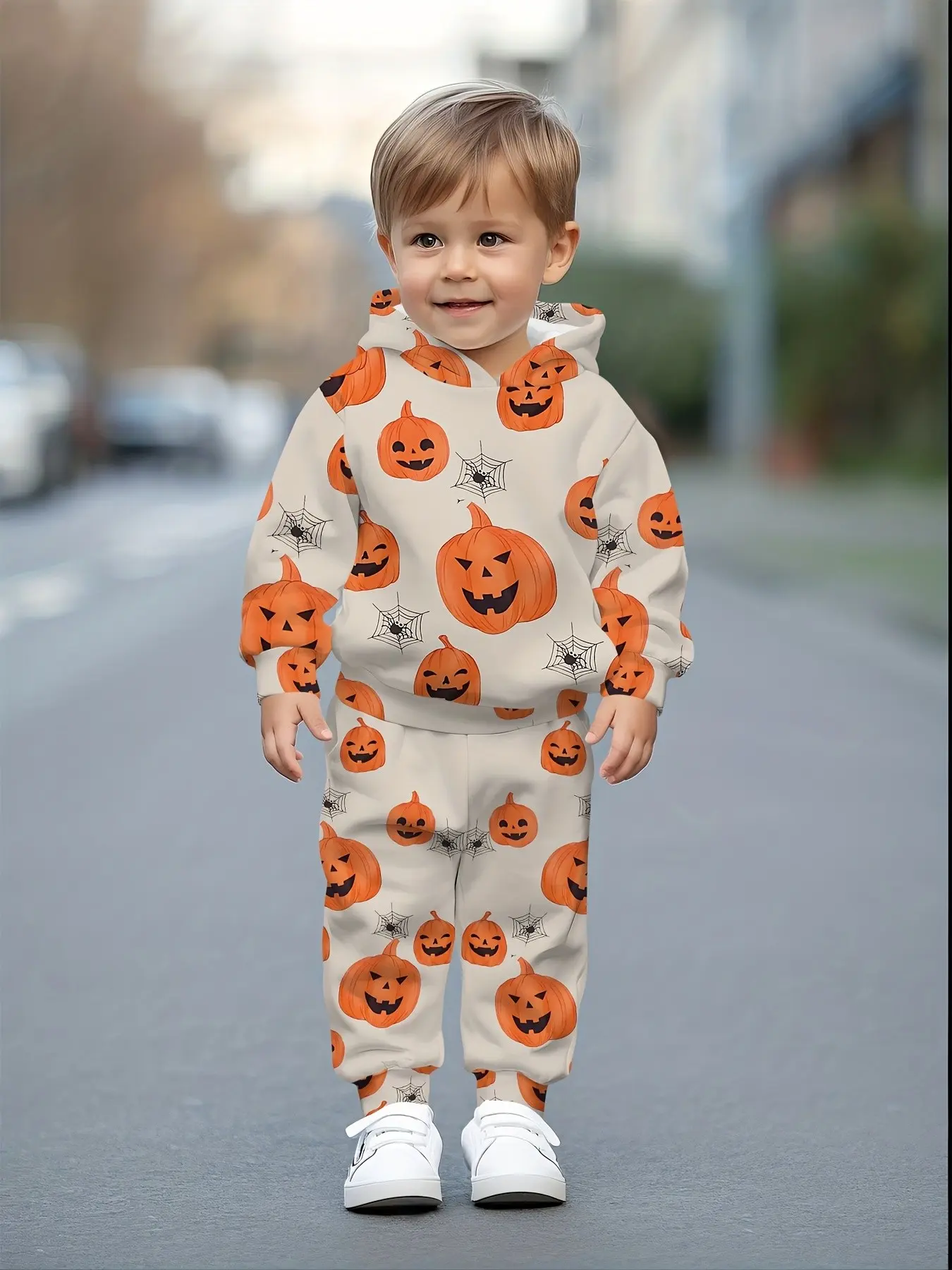 Halloween Set Boys' Hoodie and Pants Two-Piece Set, Pumpkin Bat Cat Cartoon Print, Fall Winter Casual Sportswear