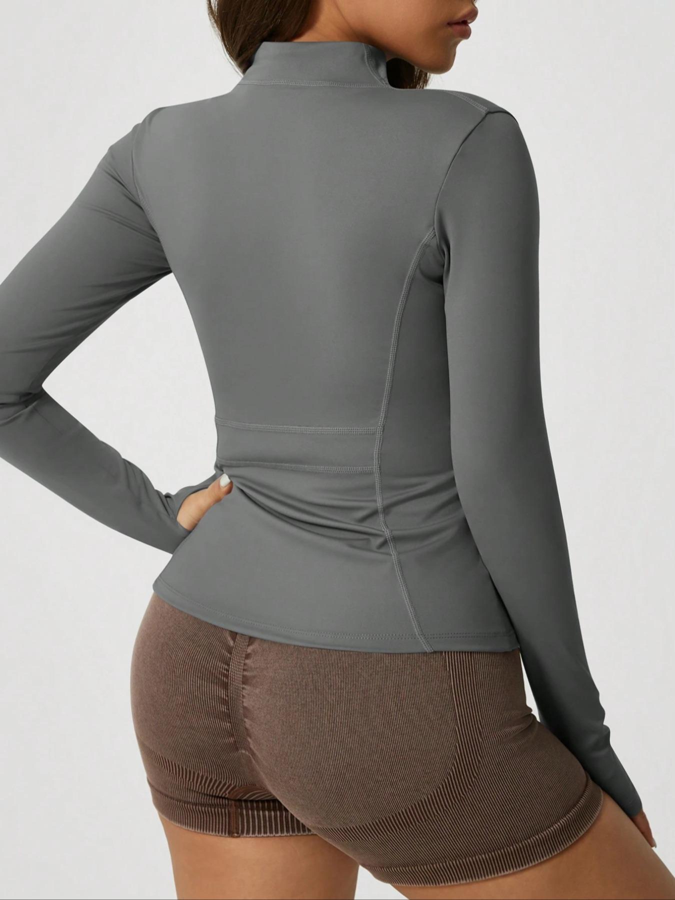 Women's Solid Zip Up Sports Jacket, Lightweight Sports Jacket, Sporty Thumb Hole Long Sleeve Outerwear for Gym Workout Running, Ladies Sportswear for All Seasons, Modern and Comfortable