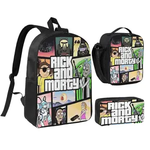 Stylish Rick and morty Print 17Inch Backpack Set Rick and morty merch Graphic Pattern 3pcs Lightweight School Commuter Bag Rick Hiking Daypack with Insulated Lunch Pack for  Back to School Gifts