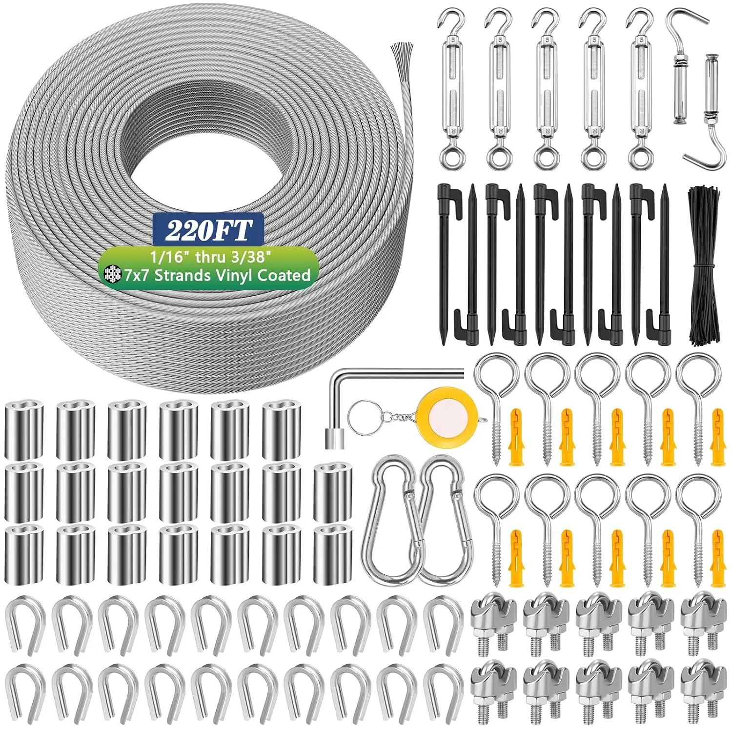 220 FT 1/16" Wire Rope Kit 304 Stainless Steel  with M5 Turnbuckles for Cables Wire, Vinyl Coated String Lights  Wires for Outdoor Camping, Trellis, Garden, Clothes line, Curtain, Picture