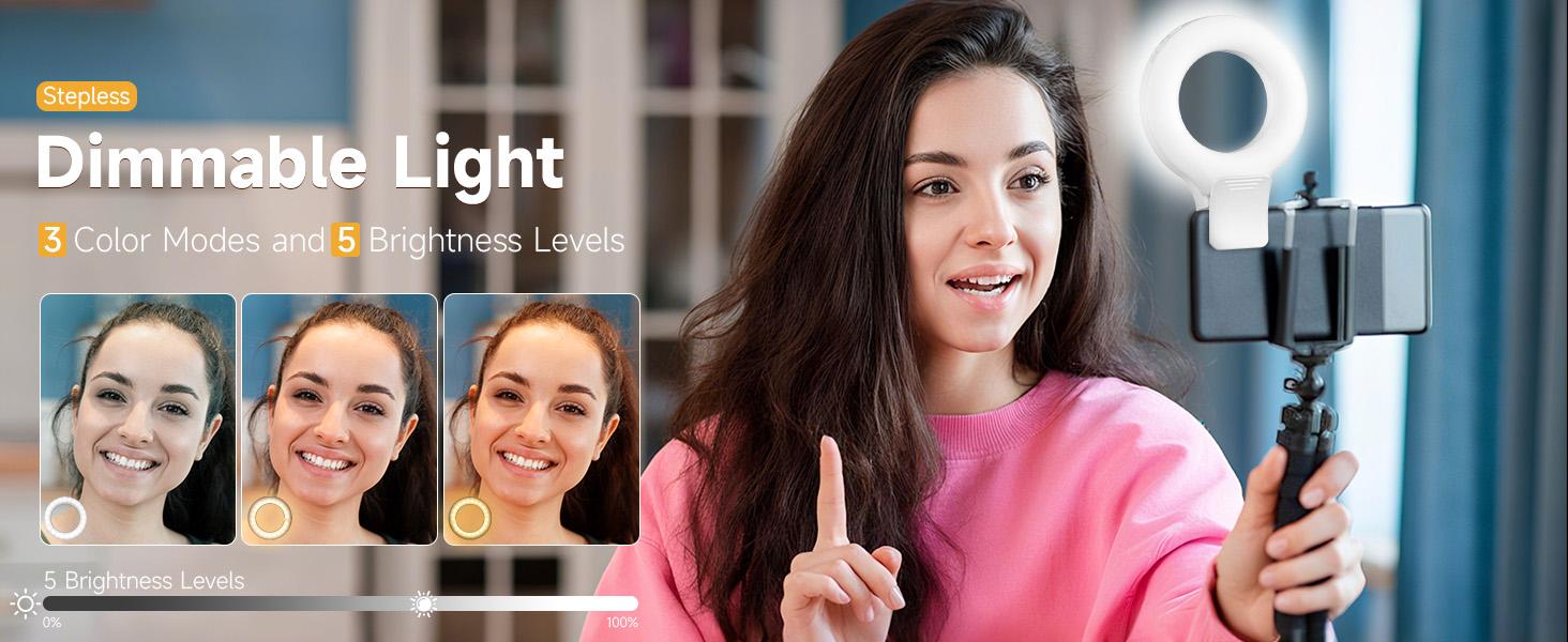 Rechargeable Selfie Ring Light with 60 LED, 3 Modes & 5 Brightness Levels – Portable Clip-on Phone Light for Photography, Zoom Meetings, Makeup, TikTok, Vlogging, Live Streaming, Works with Smartphones, Laptops, Tablets