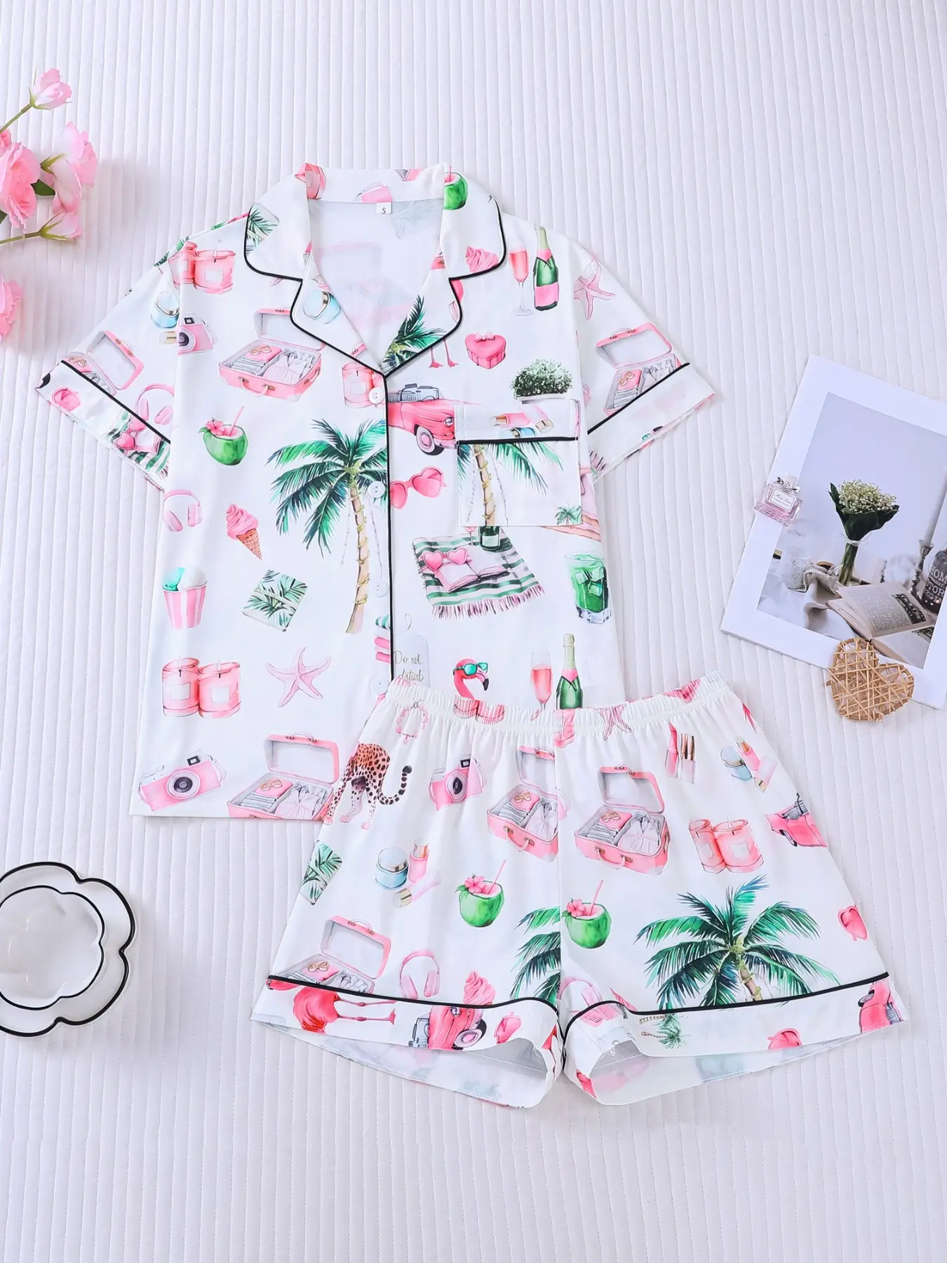 Women's 2-piece pajama set with summer vacation, Tropical print featuring palm trees, flamingos and cameras Cute girly style black contrast piping Lapel top with pocket soft elastic waist shorts all-season casual women loungewear