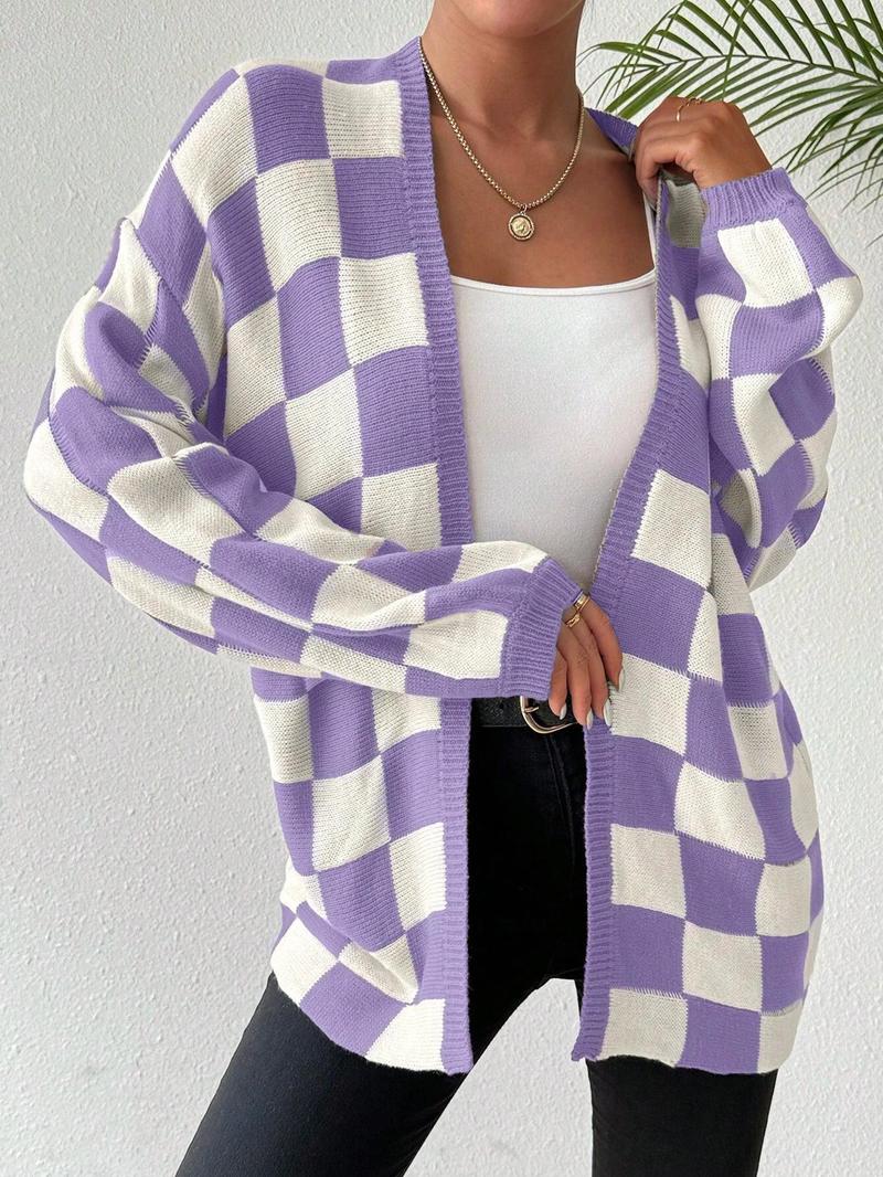 Women's Checkerboard Print Bishop Sleeve Open Front Cardigan, Fashion Casual Long Sleeve Knitwear for All Seasons, Women's Knit Clothing for Daily Wear, Cardigan for Women
