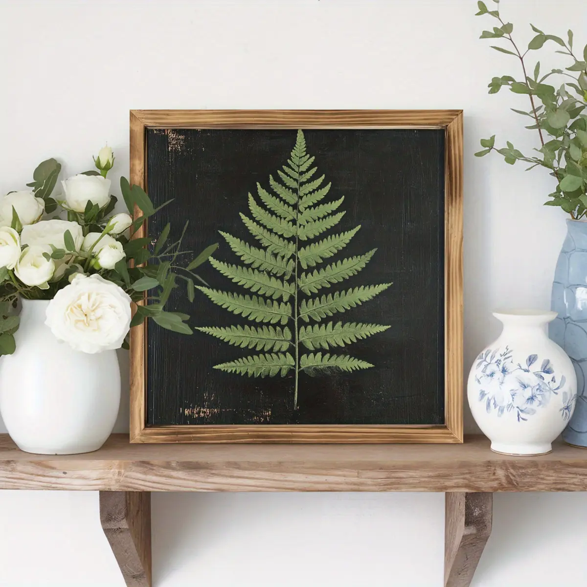1pc Vintage Green Fern Leaf Wood Wall Art - 8x8 Inch Rustic Framed Botanical Print with Black Background, Natural Wood Grain Texture, Horizontal Wall Decor for Bedroom, Living Room, Kitchen - Easy to Hang, No Electricity Needed, Housewarming Gift