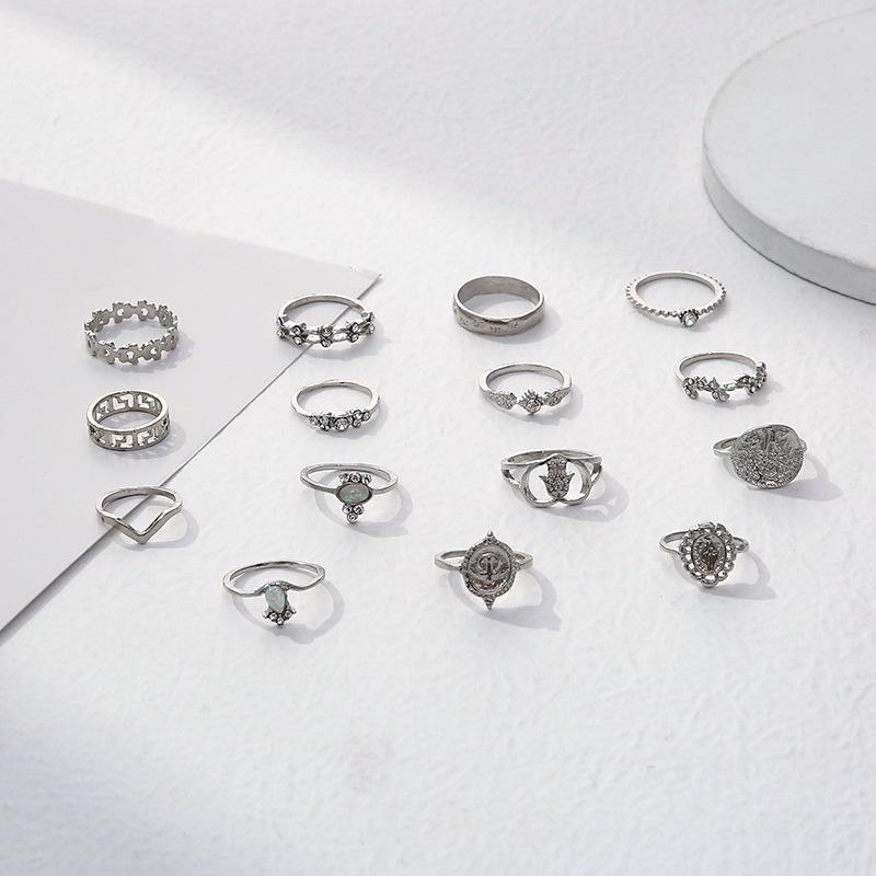 15 Pcs Vintage Gold Coin Opal Stackable Ring Set, Boho Gold Stacking Rings, Hypoallergenic Y2K Jewelry for Women