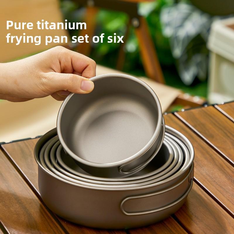 Pure Titanium Camping Cookware Set Foldable Lightweight Outdoor Pot Pan for Backpacking Hiking Picnic Cooking with Soup Frying Pot