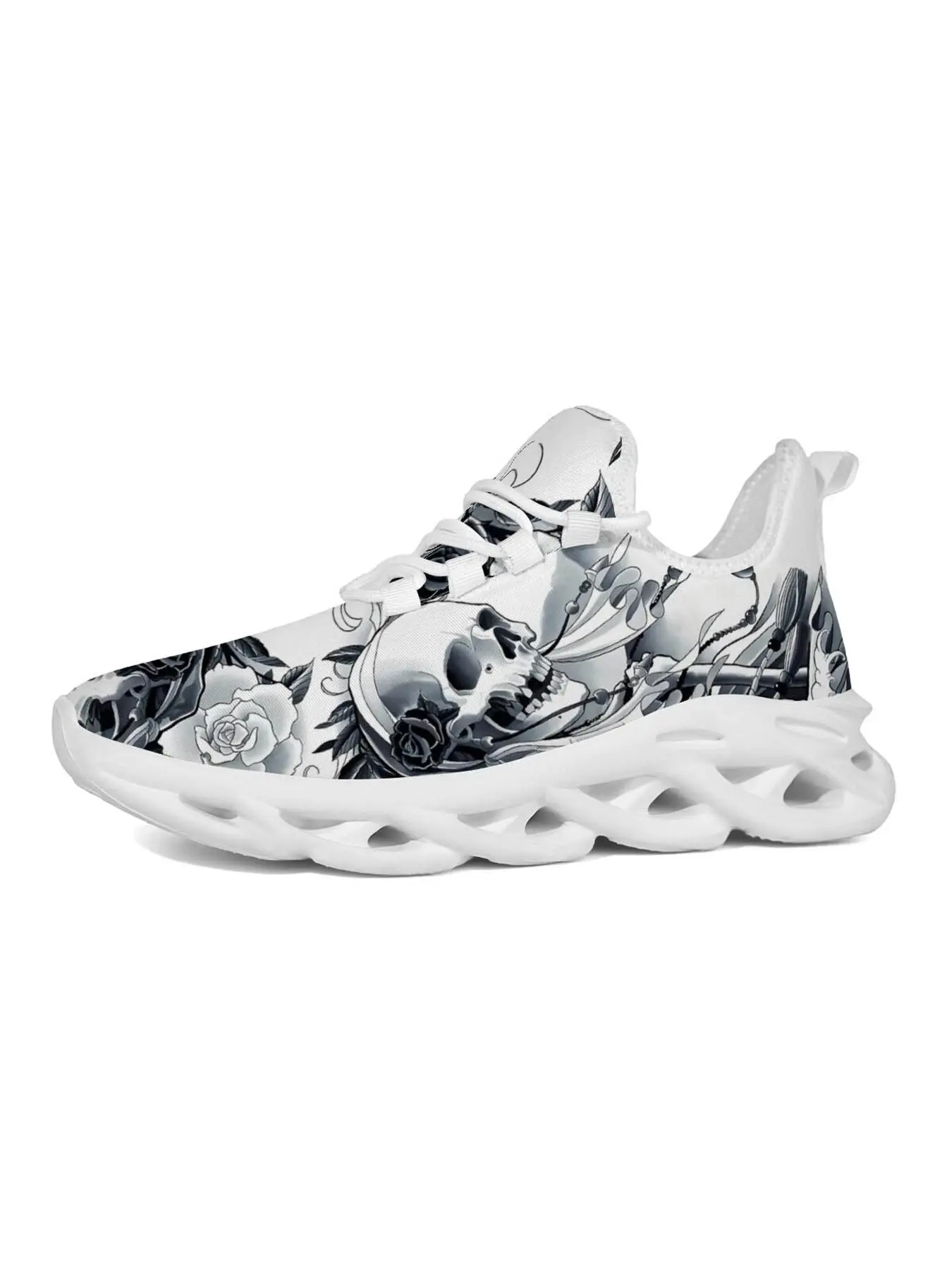 Men's Dark Rose Skull Print Casual Sneakers, Gothic Streetwear Style, Full Print Upper, Hollow Out Lightweight Sole, Trendy Youth Fashion