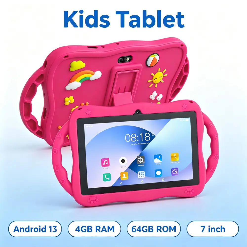 7-inch tablet for children, Android tablet, Android 13 system, 4GB RAM, 64GB ROM, supports WIFI and Bluetooth functions, parents can control pre installed educational learning software, shockproof silicone cover, giraffe protective cover