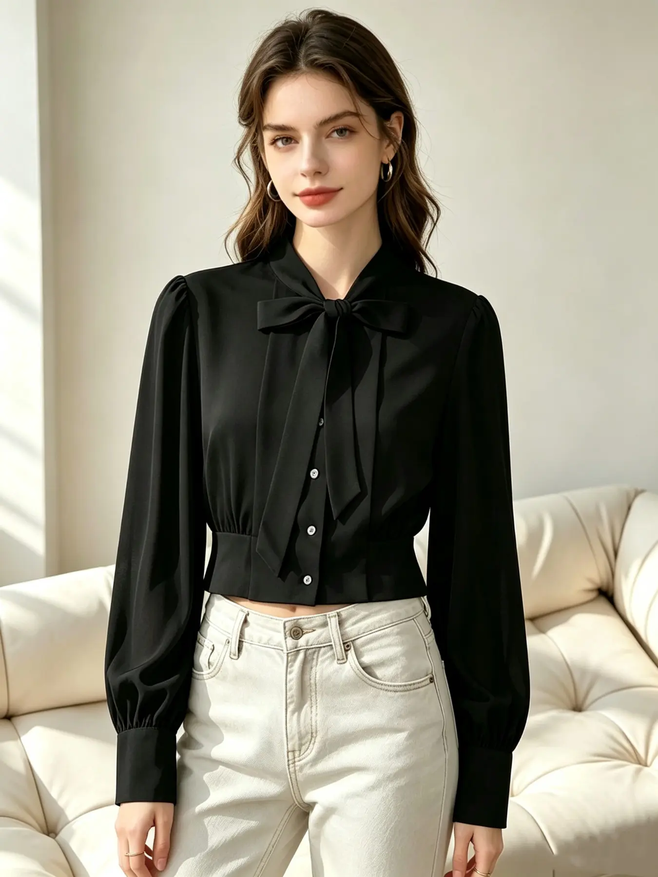 Fashion Commuter Casual Simple Women's Top, Butterfly Knot Blouse Shirt, Stylish and Comfortable, Perfect for Daily Wear, Elegant Design