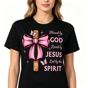"Blessed By God Loved By Jesus Coquette Bow" Graphic Unisex Tee |   All-Season Breathable Top