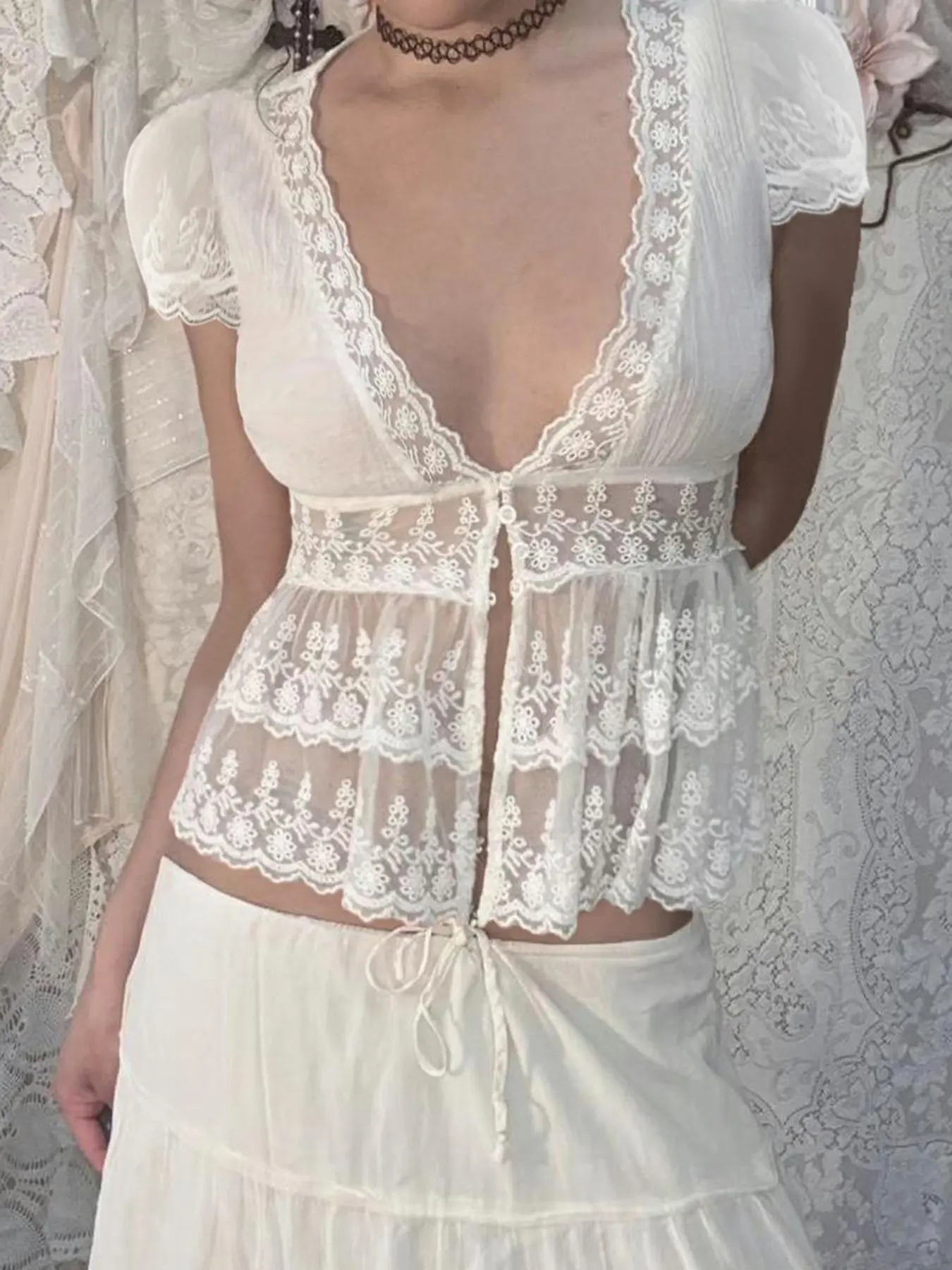 Sheer V-Neck Lace Patchwork Pure Desire Top for Women, Sexy Short Sleeve Split T-Shirt, Spring & Fall Casual Wear Style