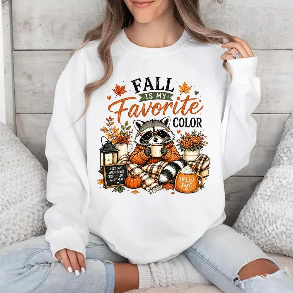 Women's round-neck pullover sweater - my favorite in autumn. Smart raccoon. Deep autumn pumpkin coffee color. Patterned comfortable Halloween casual round-neck sweater.