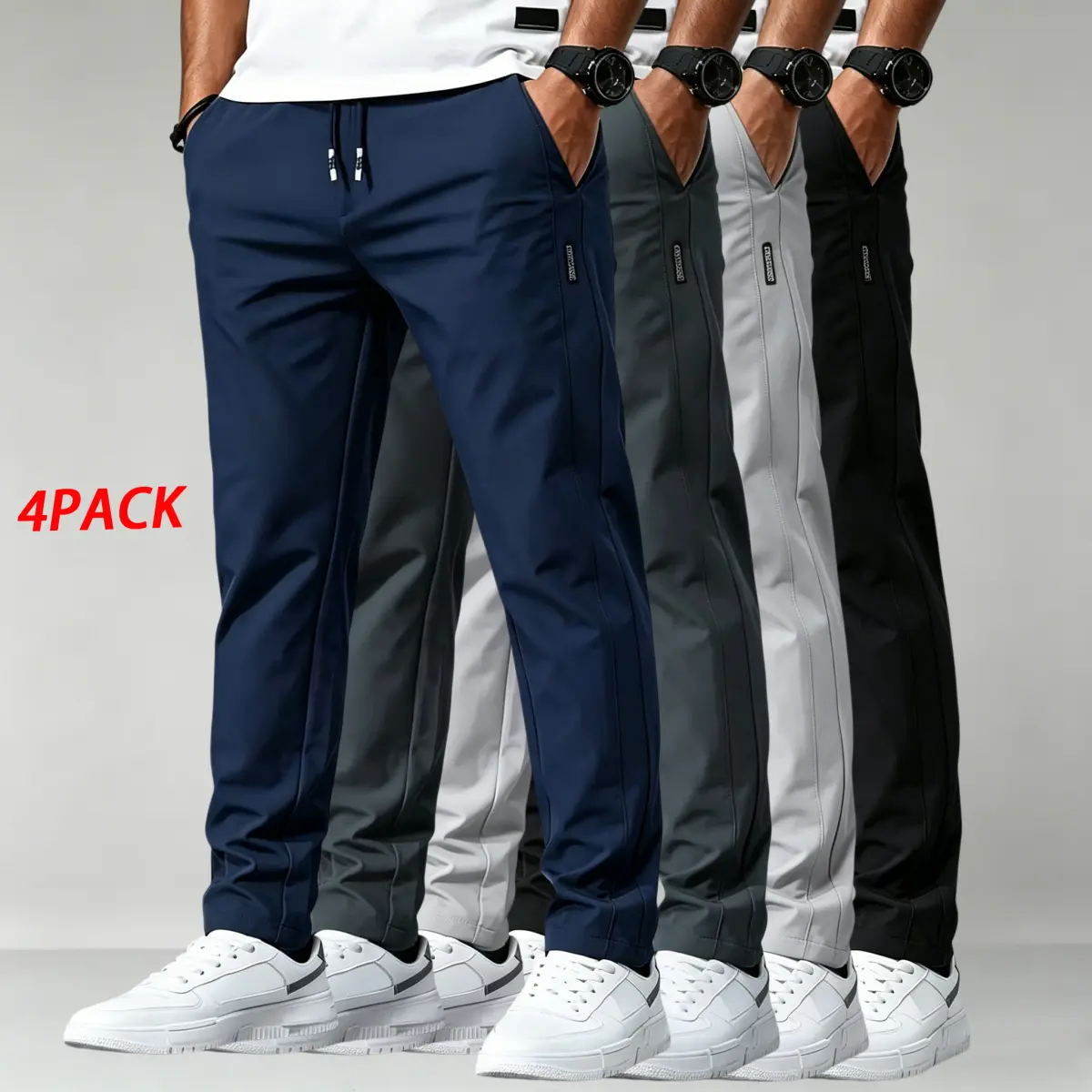 4-Pack Men's Solid Sweatpants, Classic Straight Leg Loose Fit Polyester Blend Athleisure Pants for Gym & Sports, Classic Straight Leg Men's Pants