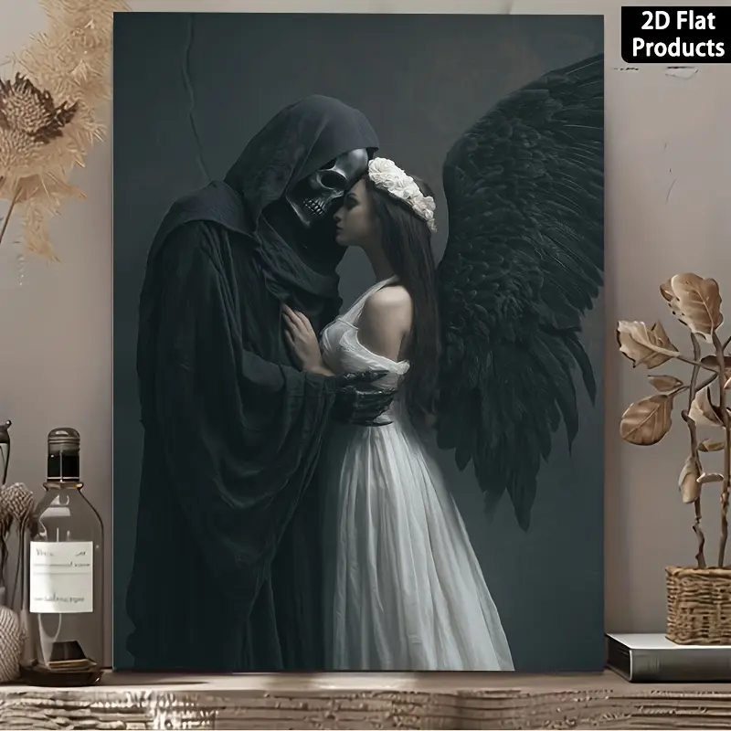 2D canvas painting, 1 piece - Dark fantasy Grim Reaper holding an angel - Modern gothic style, suitable for bedroom decoration, frameless painting, depicting the Grim Reaper holding an angel, suitable for office, dormitory - Themed decoration, 2D canvas