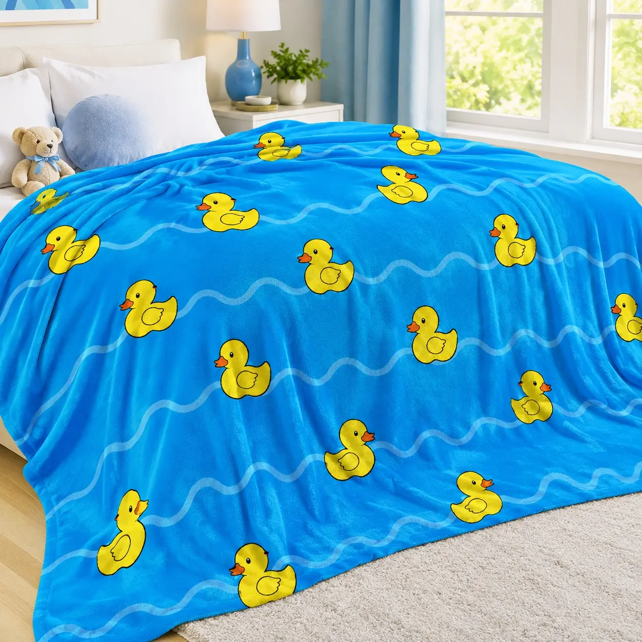 Cute Duck Flannel Blanket, Blue Wave Duckling Print, Soft Cozy Lightweight Throw for Bed Sofa Couch, Kids Bedroom Decor & Birthday Gift