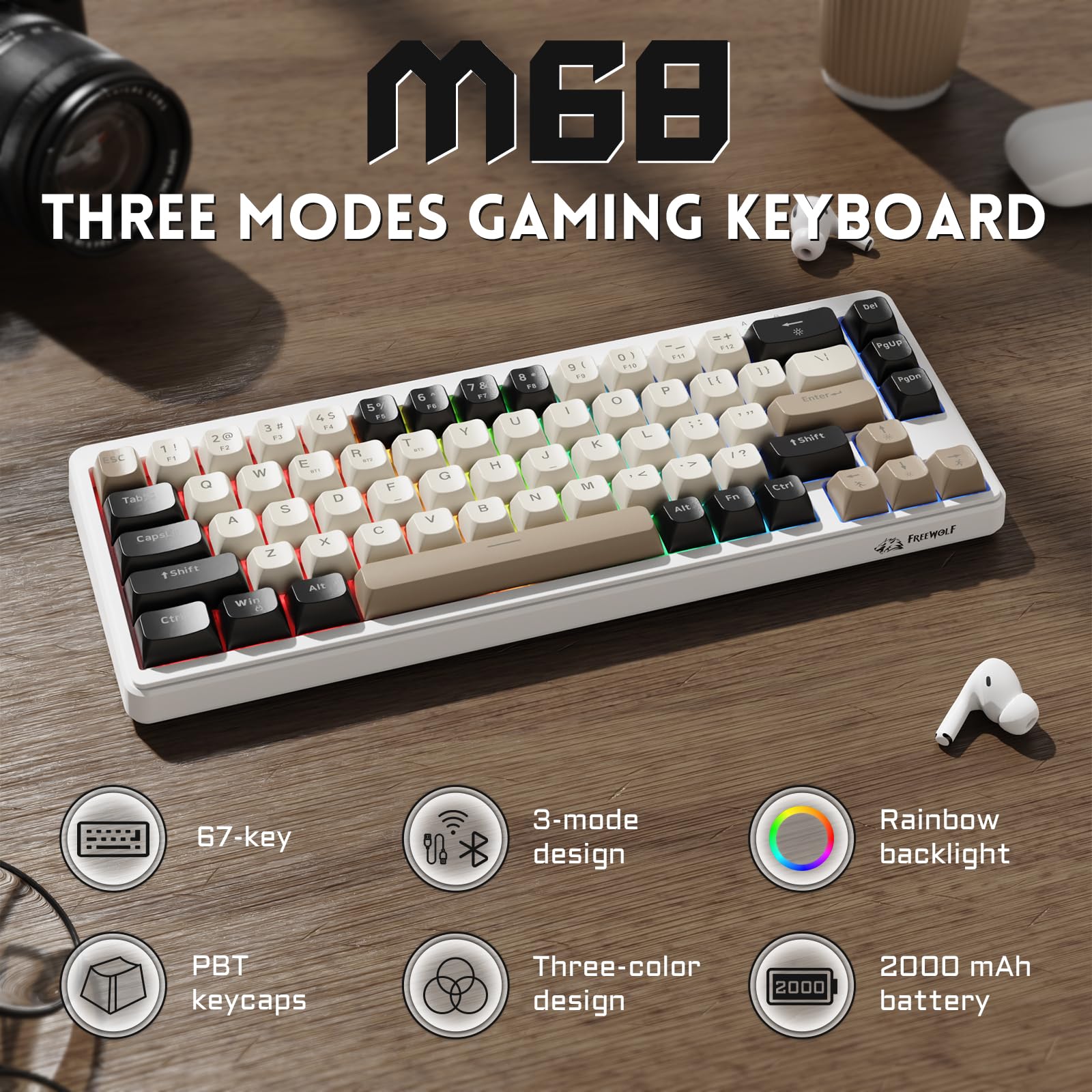 M68 TKL Wireless Gaming Keyboard, 3-Mode Compact Membrane Keyboard, Rechargeable 2000 mAh Keyboard with Rainbow Backlit & 19 Keys Anti-ghosting