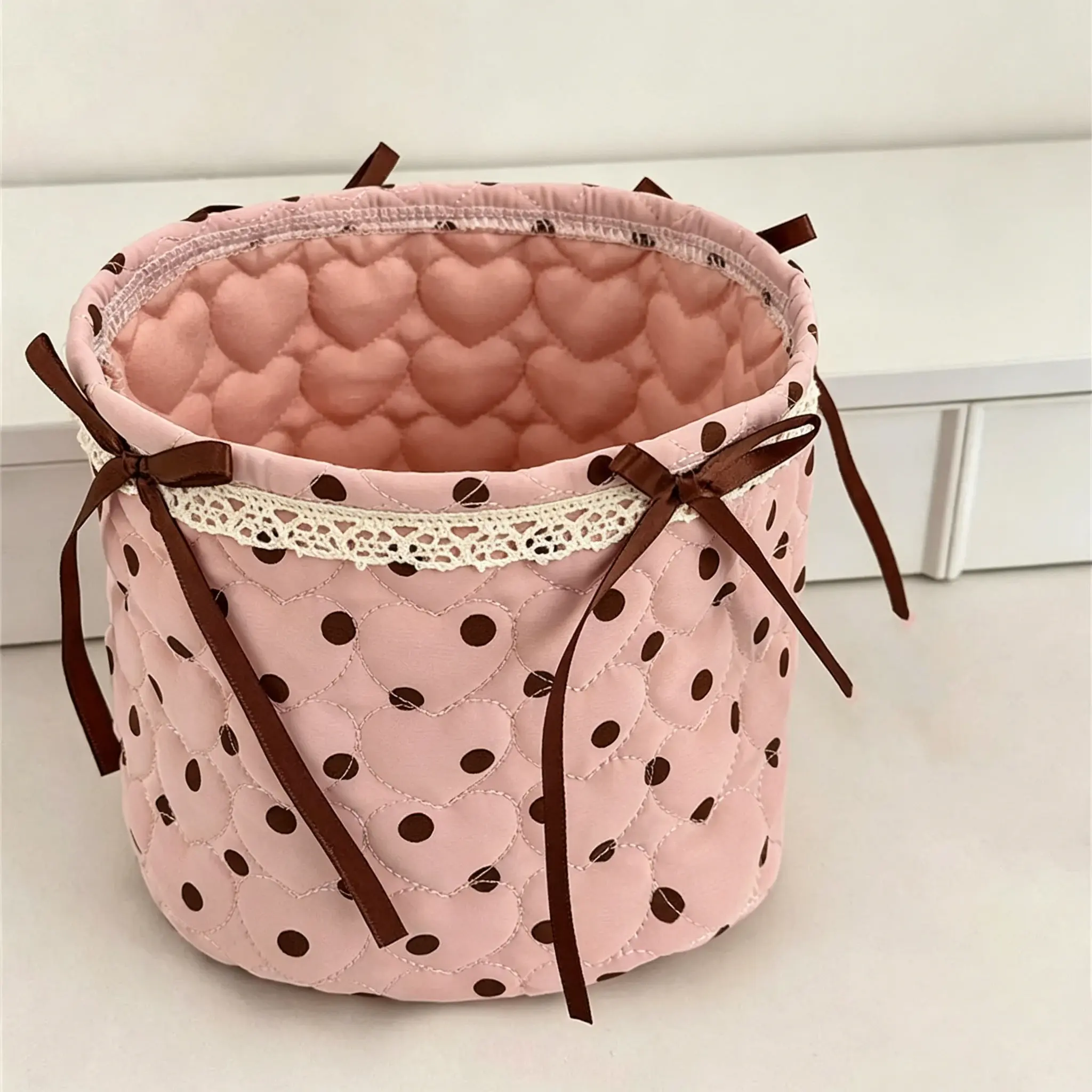 Cute Quilted Polka Dot Storage Basket with Bow - Aesthetic Makeup Organizer for Vanity, Home Decor, Organization Baskets, Organizing Baskets