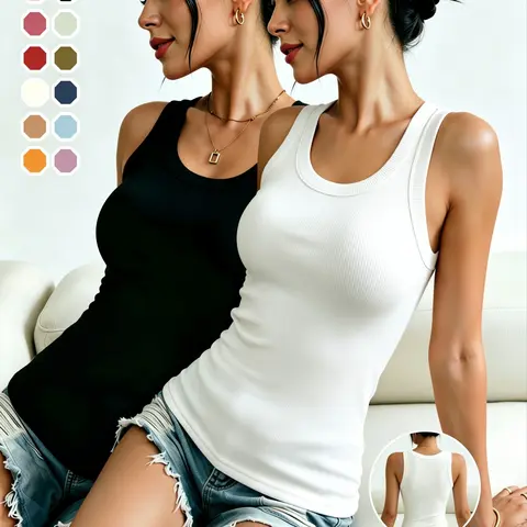 2-Pack Women's Solid Round Neck Slim Fit Sport Vests, Breathable Sweat-Wicking Sleeveless Top, Ideal for Casual Sports and Hiking, Sleeveless Sports Tops