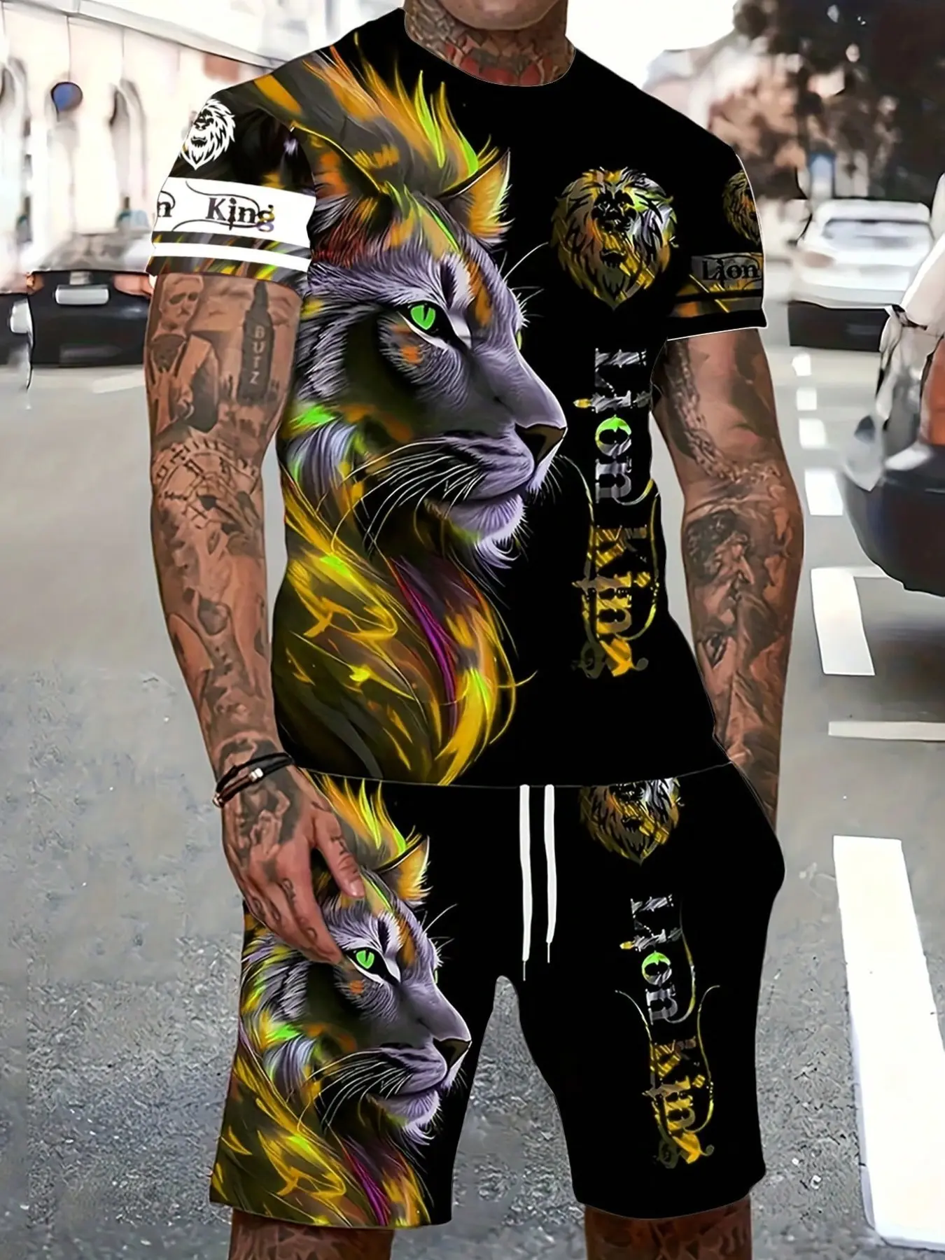 Urban street trend two-piece set, Lion King English combination pattern, comfortable self driving travel outfit