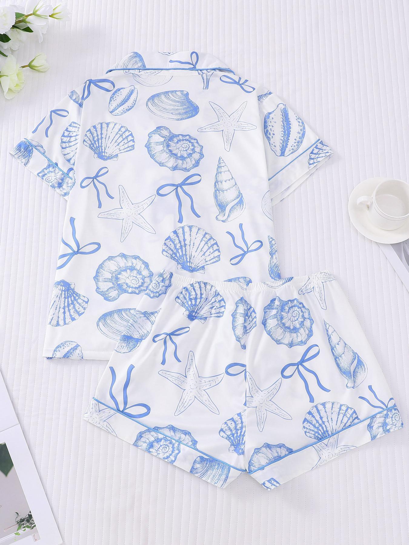 Women's All Over Print Button Front Top & Elastic Waist Shorts Pyjama Two-piece Set, Casual Comfy Short Sleeve Top & Shorts Pj Set, Ladies Sleepwear & Loungewear for All Seasons