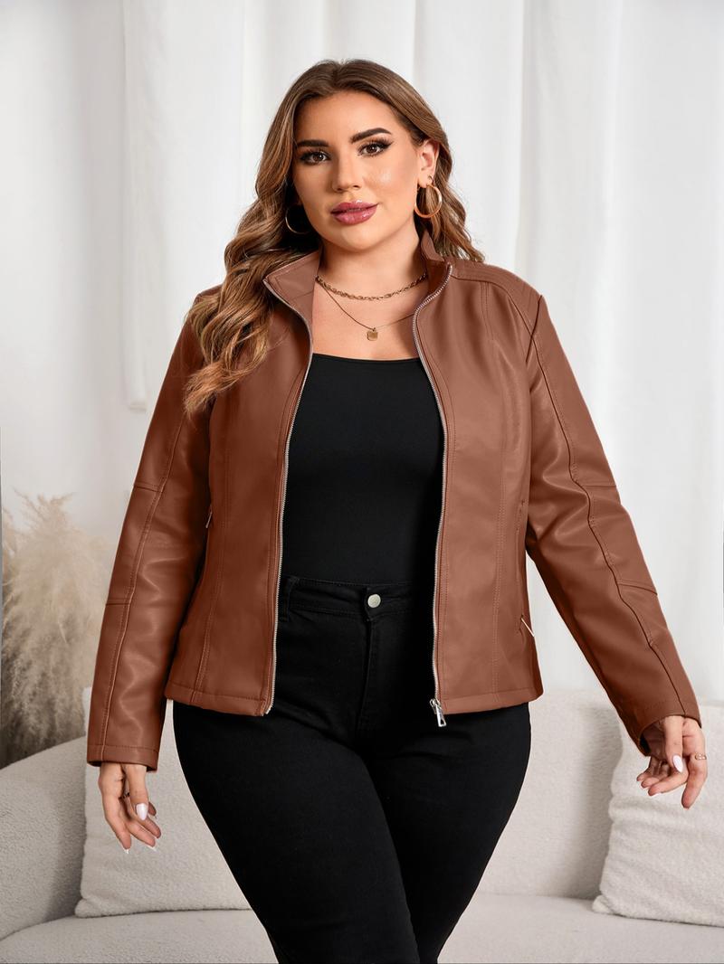 Women's PU Leather Motorcycle Jacket, Casual Fitted Design, All-Season Wear, Perfect for Commuting & Street Style