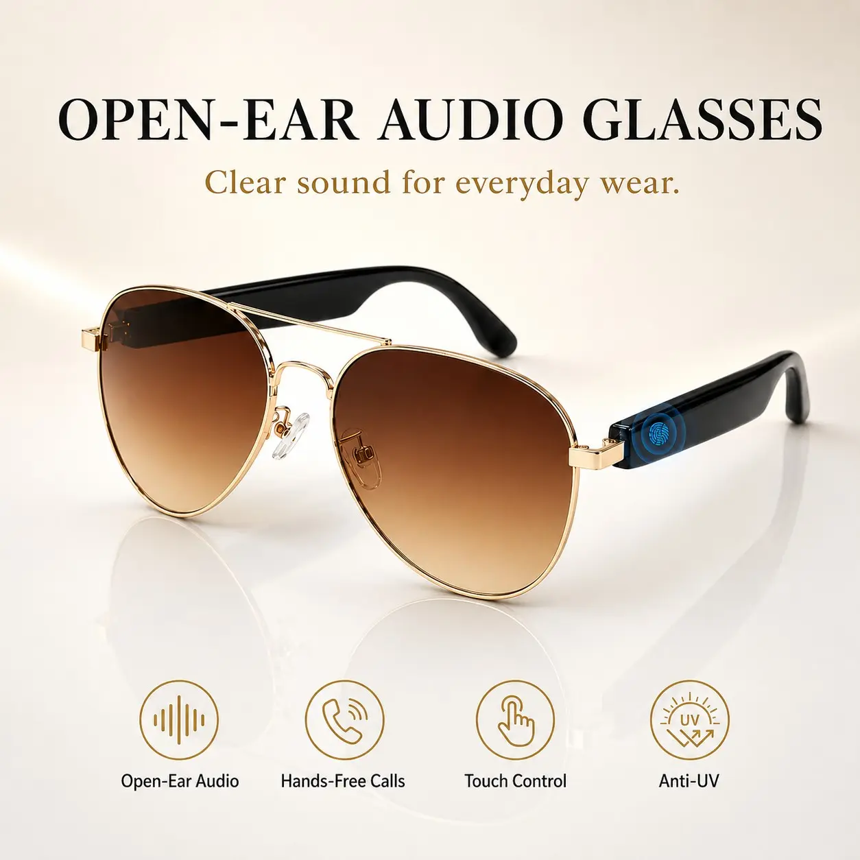 Smart Glasses, Wireless Bluetooth Sunglasses with Open-Ear Audio, Built in Mic, Touch Control and Voice Assistant for Men Women